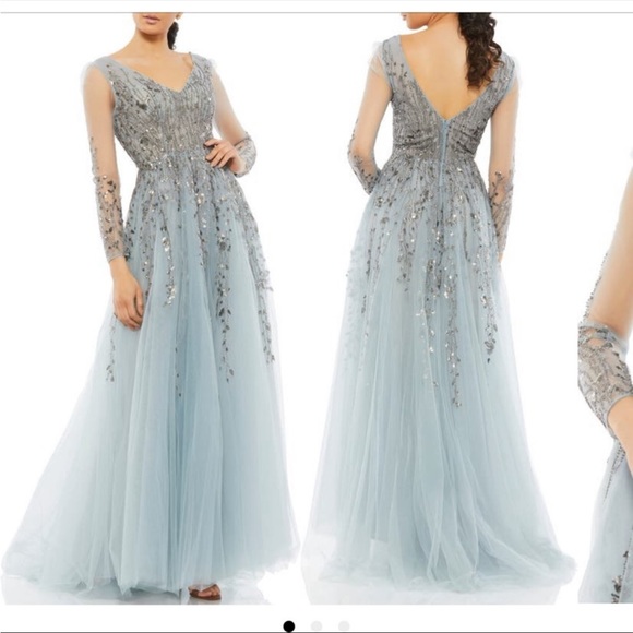 Mac Duggle lllusion llng sleeve Tulle Ballgown sequim blue 6 - Picture 3 of 7